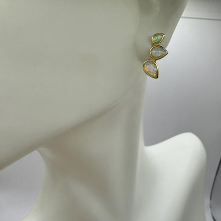 Vintage Silver Earrings | White Fire Opal Stud Button Earrings