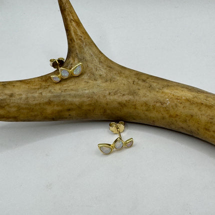 Vintage Silver Earrings | White Fire Opal Stud Button Earrings