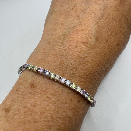 Vintage Pastel Silver Tennis Bracelet | CZ Crystal Rainbow 925 Sterling Silver Bracelet | Elegant Everyday Wedding or Prom