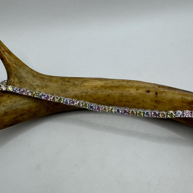 Vintage Pastel Silver Tennis Bracelet | CZ Crystal Rainbow 925 Sterling Silver Bracelet | Elegant Everyday Wedding or Prom