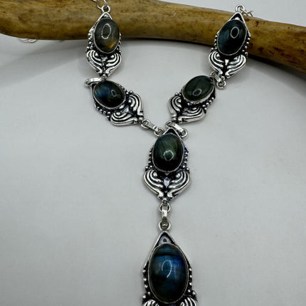 Vintage Gold Pendant Choker Necklace | Green Labradorite Moonstone Gemstone Elegant Design | Golden 925 Sterling Silver Statement Necklace
