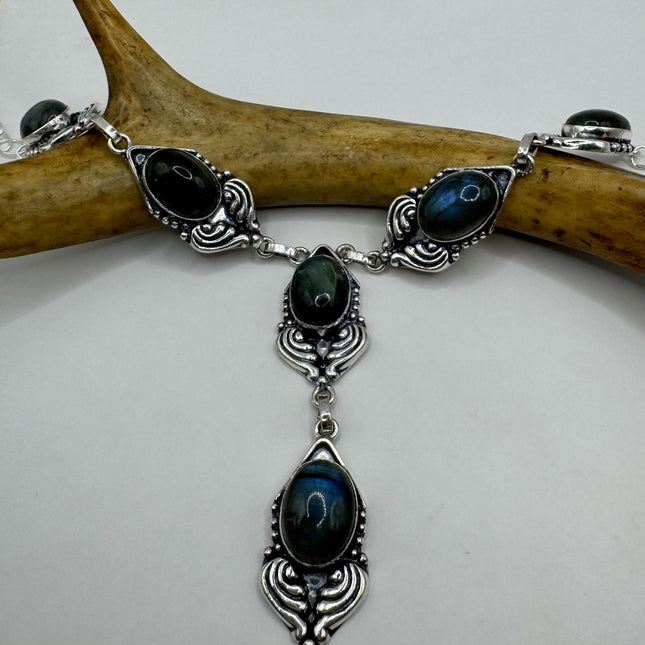 Vintage Gold Pendant Choker Necklace | Green Labradorite Moonstone Gemstone Elegant Design | Golden 925 Sterling Silver Statement Necklace