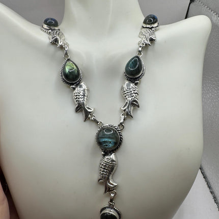 Vintage Pendant Choker Necklace | Green Labradorite Moonstone Gemstone Elegant Design | 925 Sterling Silver Statement Necklace