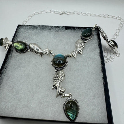 Vintage Pendant Choker Necklace | Green Labradorite Moonstone Gemstone Elegant Design | 925 Sterling Silver Statement Necklace