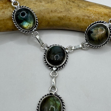 Vintage Pendant Choker Necklace | Green Labradorite Moonstone Gemstone Elegant Design | 925 Sterling Silver Statement Necklace