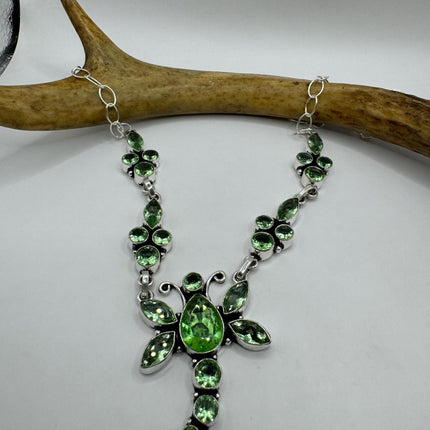 Vintage Peridot Green Glass Dragonfly Silver Boho Statement Necklace