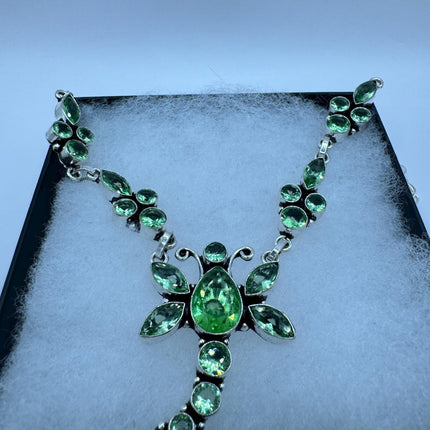 Vintage Peridot Green Glass Dragonfly Silver Boho Statement Necklace