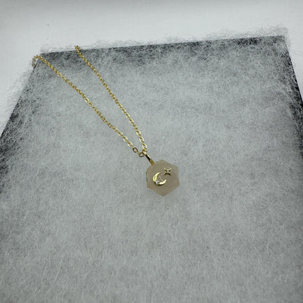 Vintage Moon Star Islam | Tiny Gold Charm Necklace | Pink Rose Quartz Gemstone Dainty Gold 925 Sterling Silver l Minimalist Mini Necklace