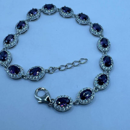 Vintage Silver Tennis Bracelet | White Sapphire Purple Amethyst Gemstone | 925 Sterling Silver Adjustable Bracelet