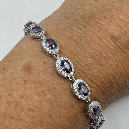 Vintage Silver Tennis Bracelet | White Sapphire Purple Amethyst Gemstone | 925 Sterling Silver Adjustable Bracelet
