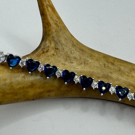 Vintage Silver Heart Tennis Bracelet | White and blue Sapphire Cubic Zirconia | 925 Sterling Silver