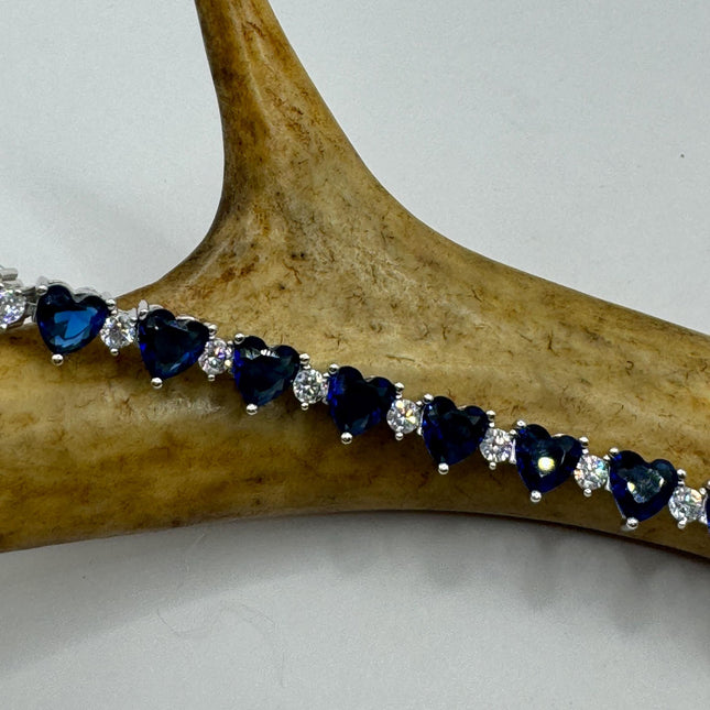 Vintage Silver Heart Tennis Bracelet | White and blue Sapphire Cubic Zirconia | 925 Sterling Silver