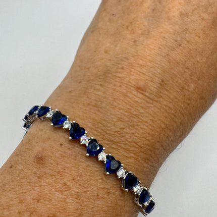 Vintage Silver Heart Tennis Bracelet | White and blue Sapphire Cubic Zirconia | 925 Sterling Silver