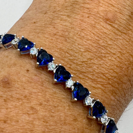 Vintage Silver Heart Tennis Bracelet | White and blue Sapphire Cubic Zirconia | 925 Sterling Silver