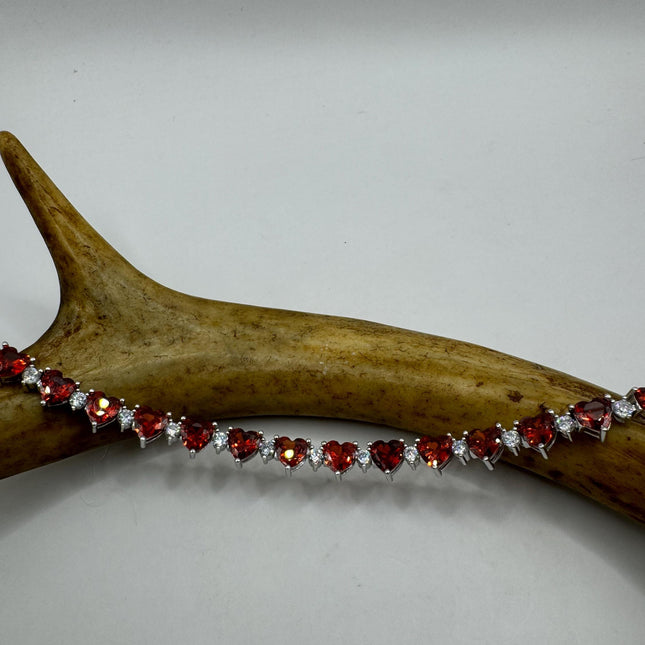 Vintage Silver Heart Tennis Bracelet | White and Garnet Red Cubic Zirconia | 925 Sterling Silver