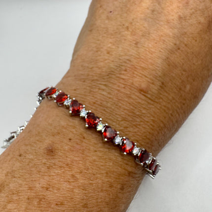 Vintage Silver Heart Tennis Bracelet | White and Garnet Red Cubic Zirconia | 925 Sterling Silver