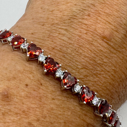 Vintage Silver Heart Tennis Bracelet | White and Garnet Red Cubic Zirconia | 925 Sterling Silver