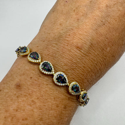 Vintage Gold Tennis Bracelet | Mystic Blue Topaz Gemstone Dainty Box Chain | Golden 925 Sterling Silver Everyday Wedding | Something Blue