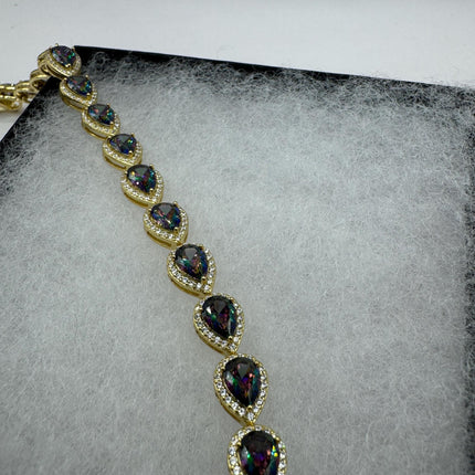 Vintage Gold Tennis Bracelet | Mystic Blue Topaz Gemstone Dainty Box Chain | Golden 925 Sterling Silver Everyday Wedding | Something Blue