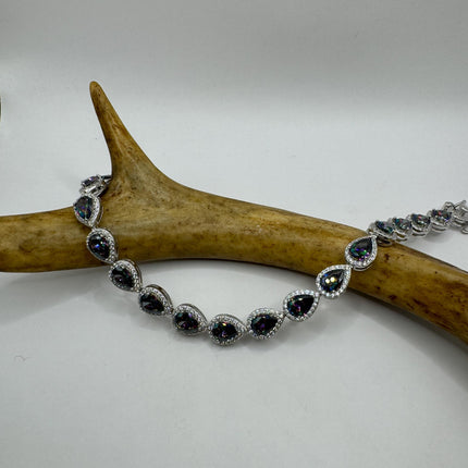 Vintage Silver Tennis Bracelet | Mystic Blue Topaz Gemstone Dainty Box Chain | 925 Sterling Silver Everyday Wedding | Something Blue