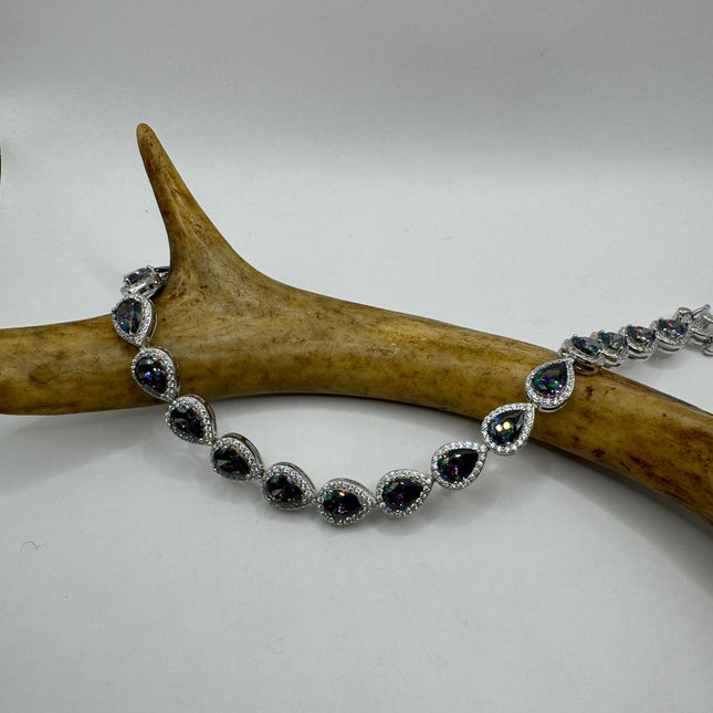 Vintage Silver Tennis Bracelet | Mystic Blue Topaz Gemstone Dainty Box Chain | 925 Sterling Silver Everyday Wedding | Something Blue