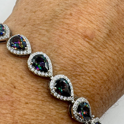 Vintage Silver Tennis Bracelet | Mystic Blue Topaz Gemstone Dainty Box Chain | 925 Sterling Silver Everyday Wedding | Something Blue