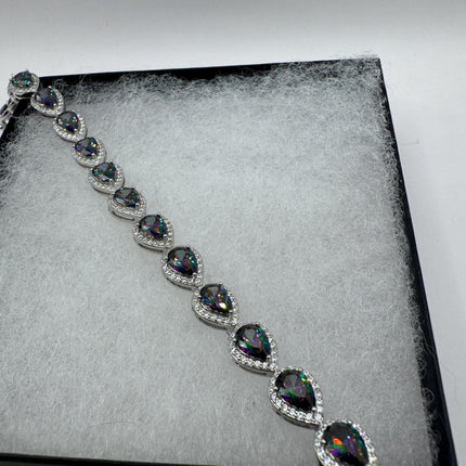 Vintage Silver Tennis Bracelet | Mystic Blue Topaz Gemstone Dainty Box Chain | 925 Sterling Silver Everyday Wedding | Something Blue
