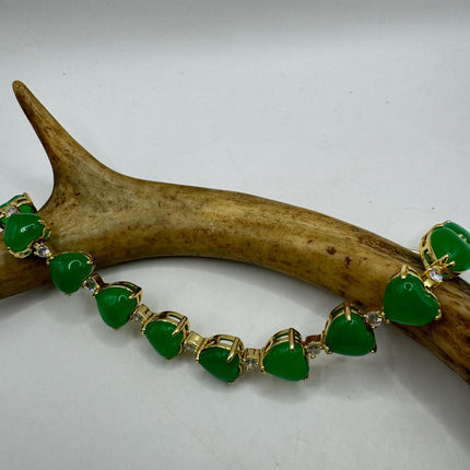 Vintage Heart Gold Bracelet | Green Jade Aventurine Gemstone Clear Crystal Lucky Jade Golden Bronze Wealth Prosperity Good Luck Bracelet