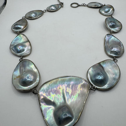Vintage Pearl Necklace | Hand Set Gray Mobe Pearl Gemstone 20 Inch Elegant Statement Layering 925 Sterling Silver Necklace