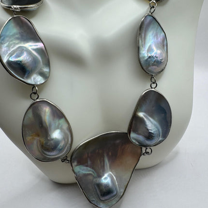 Vintage Pearl Necklace | Hand Set Gray Mobe Pearl Gemstone 20 Inch Elegant Statement Layering 925 Sterling Silver Necklace