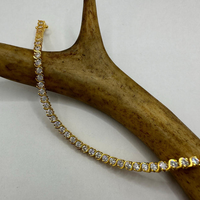 Vintage Gold Tennis Bracelet | CZ Crystal Diamond Gemstone Golden 925 Sterling Silver Bracelet | Elegant Everyday Wedding or Prom