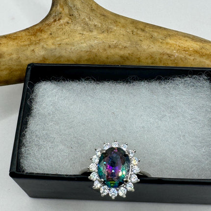 Vintage Gemstone Ring | Mystic Blue Topaz Crystal Birthstone Statement Ring | 925 Sterling Silver Band Engagement Promise Bride