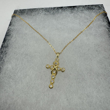 Vintage 9k Gold Filled Tiny Cross on a Gold Filled Chain Necklace - Diamond look, sparkle, minimalist, antique design