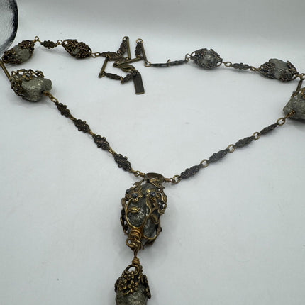 Elegant Vintage Pyrite Crystal Bronze Necklace Gold Pyrite