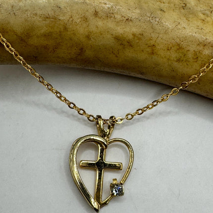 Vintage Gold Pendant Necklace | 12k GF Tiny Minimal Heart Love Cross Delicate Gold Chain | Everyday Stacking Wedding Prom Jewelry