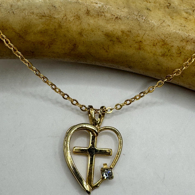 Vintage Gold Pendant Necklace | 12k GF Tiny Minimal Heart Love Cross Delicate Gold Chain | Everyday Stacking Wedding Prom Jewelry