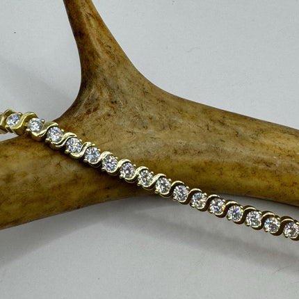 Vintage Gold Tennis Bracelet | Bezel Set Cubic Zirconia Crystal Diamond Gemstone | Golden 925 Sterling Silver Stackable Tennis Bracelet