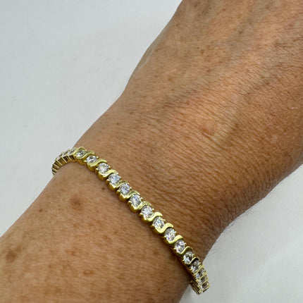 Vintage Gold Tennis Bracelet | Bezel Set Cubic Zirconia Crystal Diamond Gemstone | Golden 925 Sterling Silver Stackable Tennis Bracelet