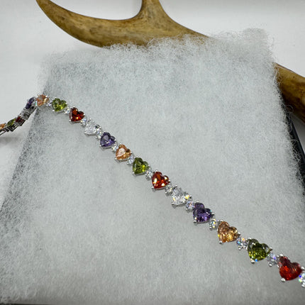 Vintage Heart Silver Tennis Bracelet | CZ Crystal Rainbow 925 Sterling Silver Bracelet | Elegant Everyday Wedding or Prom