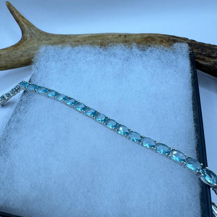 Vintage Silver Tennis Bracelet | Blue Topaz Gemstone Tiny Crystal Birthstone 925 Sterling Silver Box Bracelet | Something Blue