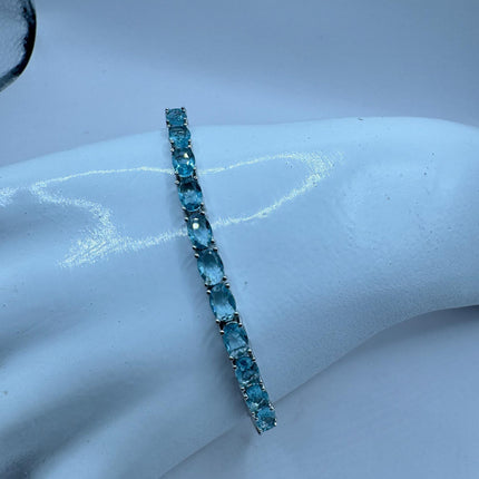 Vintage Silver Tennis Bracelet | Blue Topaz Gemstone Tiny Crystal Birthstone 925 Sterling Silver Box Bracelet | Something Blue