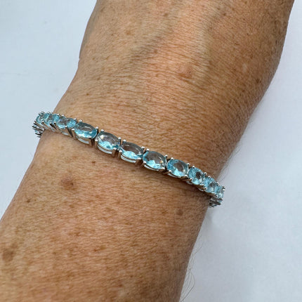 Vintage Silver Tennis Bracelet | Blue Topaz Gemstone Tiny Crystal Birthstone 925 Sterling Silver Box Bracelet | Something Blue