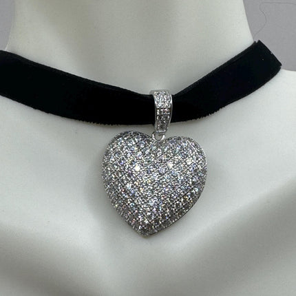 Vintage Cubic Zirconia Heart Velvet Choker - 925 Sterling Silver Necklace - Antique Design