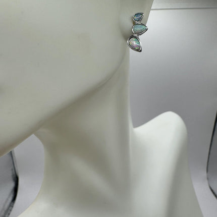 Vintage Silver Earrings | White Fire Opal Stud Button Earrings