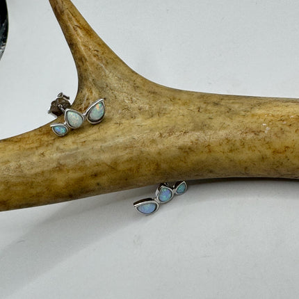 Vintage Silver Earrings | White Fire Opal Stud Button Earrings