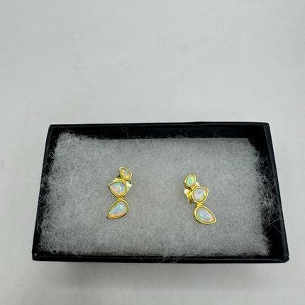 Vintage Silver Earrings | White Fire Opal Stud Button Earrings