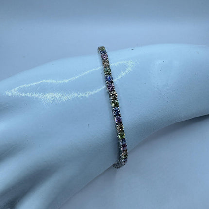Vintage Pastel Silver Tennis Bracelet | CZ Crystal Rainbow 925 Sterling Silver Bracelet | Elegant Everyday Wedding or Prom