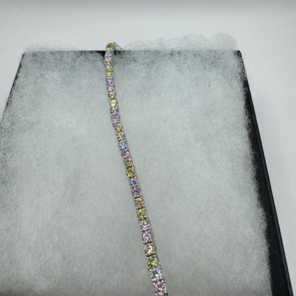 Vintage Pastel Silver Tennis Bracelet | CZ Crystal Rainbow 925 Sterling Silver Bracelet | Elegant Everyday Wedding or Prom