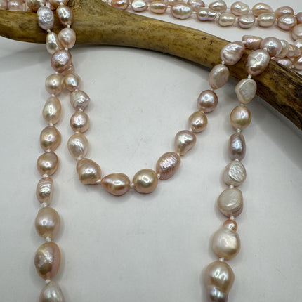 Vintage Pearl Necklace | Hand Knotted Pink Pearl Gemstone 40 Inch Jump Rope Length Elegant Statement Layering Necklace