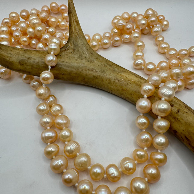 Vintage Pearl Necklace | Hand Knotted Pink Pearl Gemstone 44 inch Jump Rope Length Elegant Statement Layering Necklace